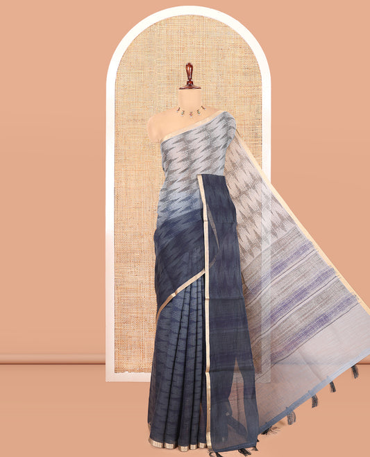 Blue Linen Cotton Saree, Adorned with Ikat Zig-Zag Stripes, a Piping Border, Printed Pallu, and Matching Blouse