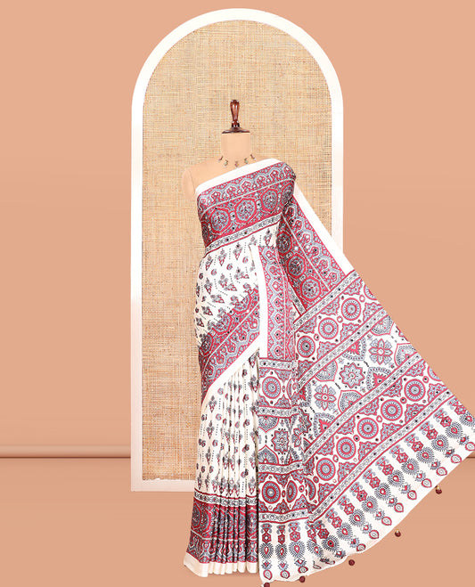 Cream Satin Crepe Saree, Beautified with Ajrakh Print, and Mirror Work, Printed Border, and a Matching Blouse