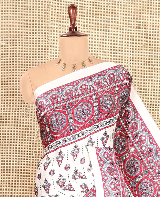 Cream Satin Crepe Saree, Beautified with Ajrakh Print, and Mirror Work, Printed Border, and a Matching Blouse