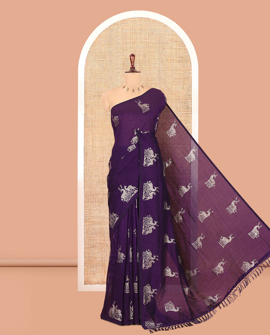 Borderless Violet Vichitra Silk Saree, Adorned with Deer Motifs, a Self-Pallu, and No Blouse