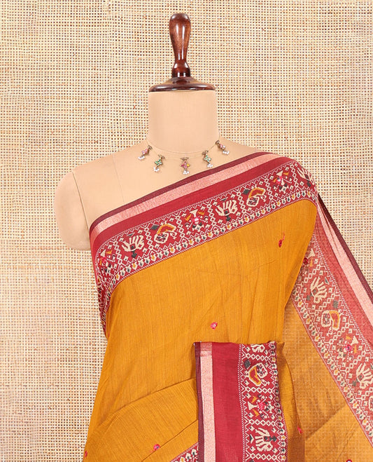 Mustard Manipuri Tussar Saree, Delicately Woven with Mirror Work, a Contrast Patola Animal Motif Border, Patola Pallu, a Contrast Blouse