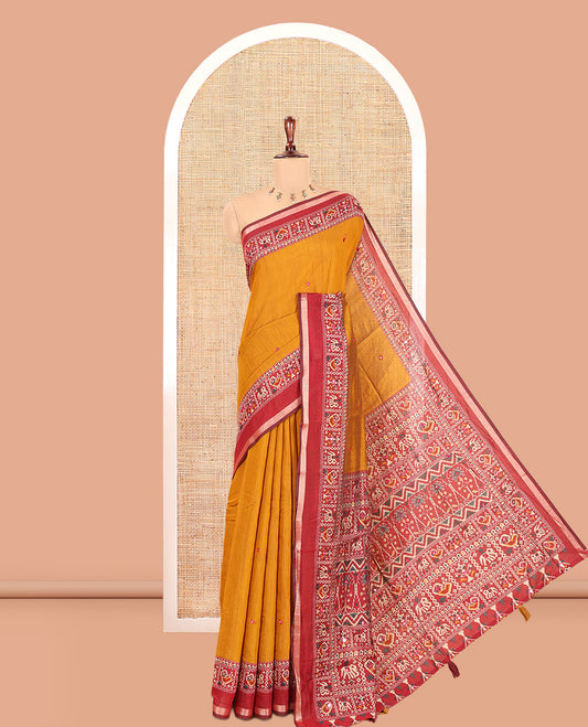Mustard Manipuri Tussar Saree, Delicately Woven with Mirror Work, a Contrast Patola Animal Motif Border, Patola Pallu, a Contrast Blouse