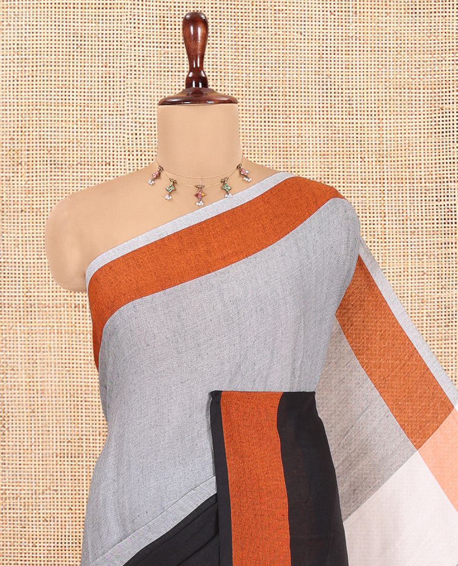 Grey-Black Half-And-Half Plain Khadi Cotton Saree, a Bavanji Border, Contrast Striped Pallu, No Blouse