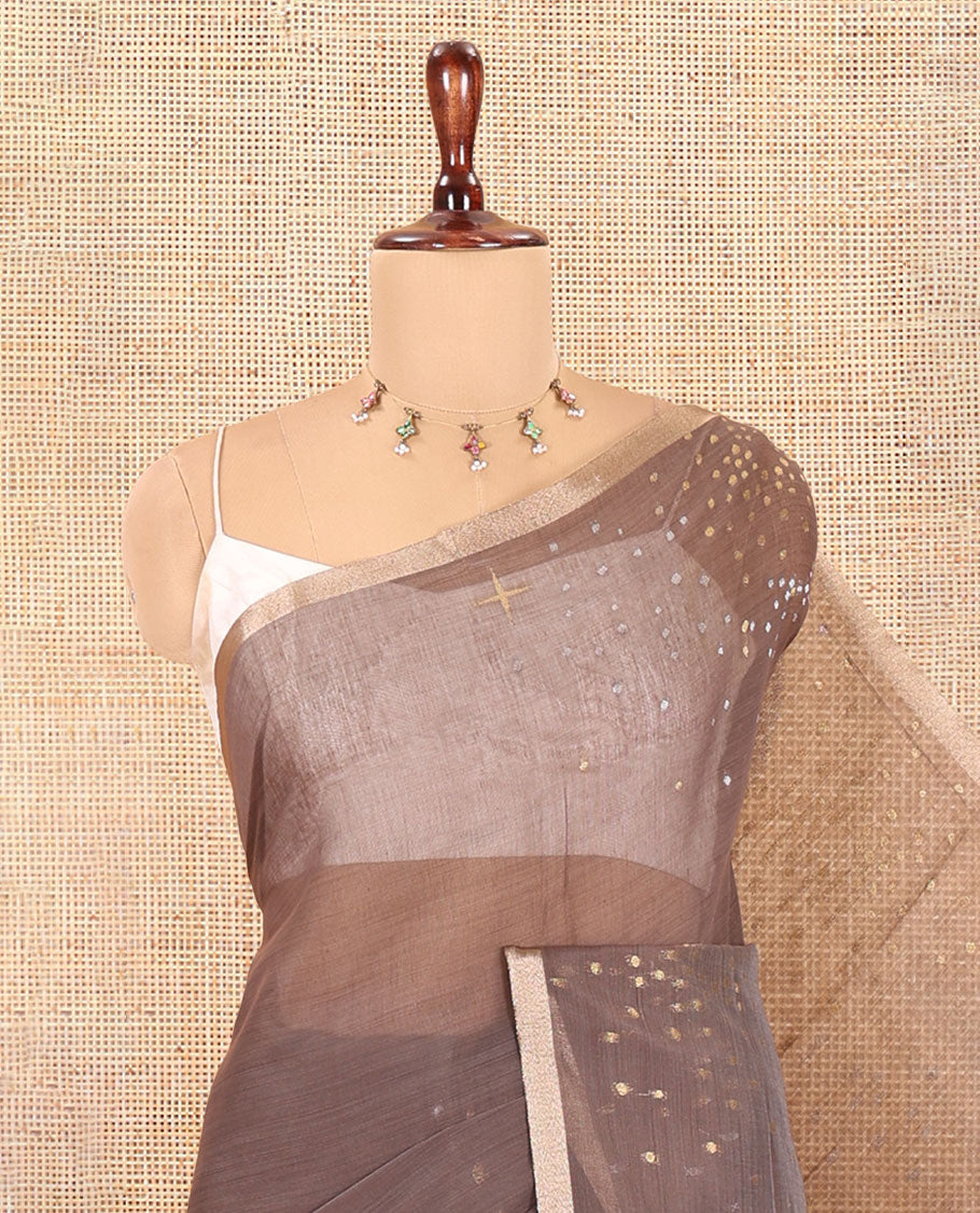 Brown Chanderi Cotton Saree With Zari Border