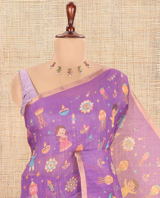 Violet Diwali-Style Printed Linen Cotton Saree
