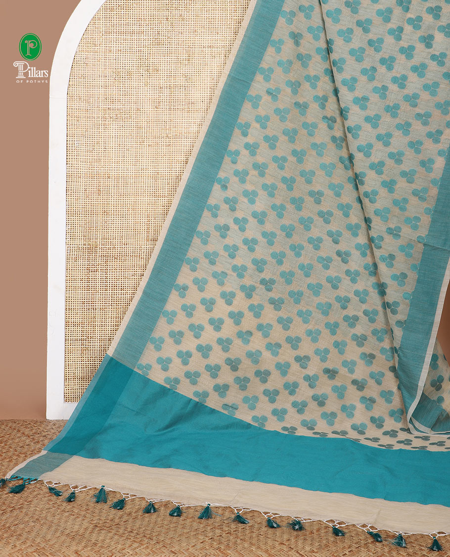 Cream with rama green resam thread weaving design banaras kota saree with contrast bawanchi border & plain pallu along with plain blouse
