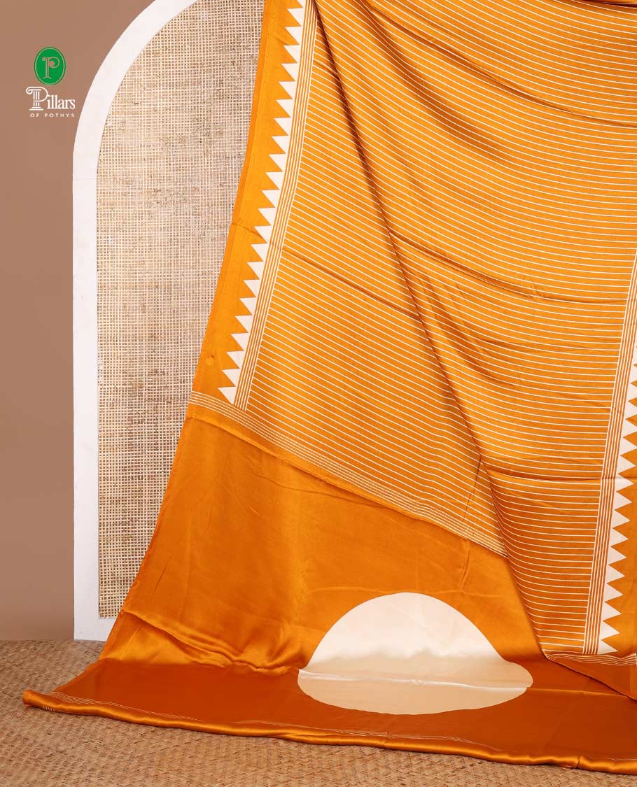 Orange vertical lining design modal satin saree with remple printed border & big circle design pallu along with printed blouse