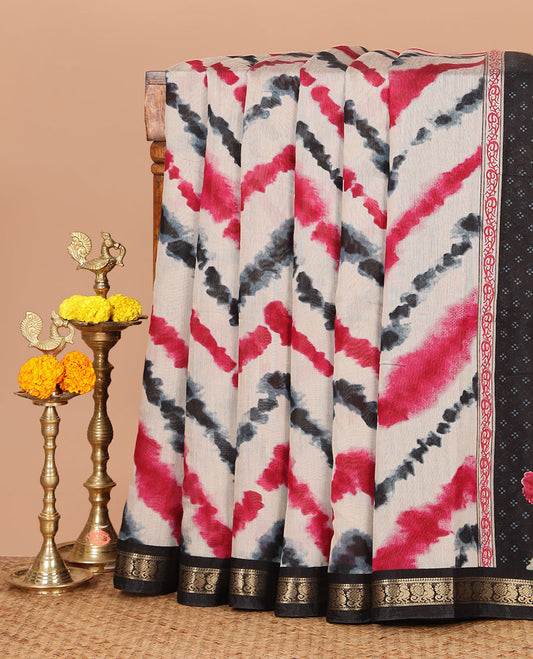 Black zig-zag shibori printed Maheshwari silk saree,contrast peacock zari border, nature-theme scenery print pallu & butta print blouse