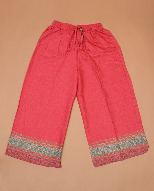 Tomato pink multi-color intricately Mughal-style printed slub cotton palazzo pants