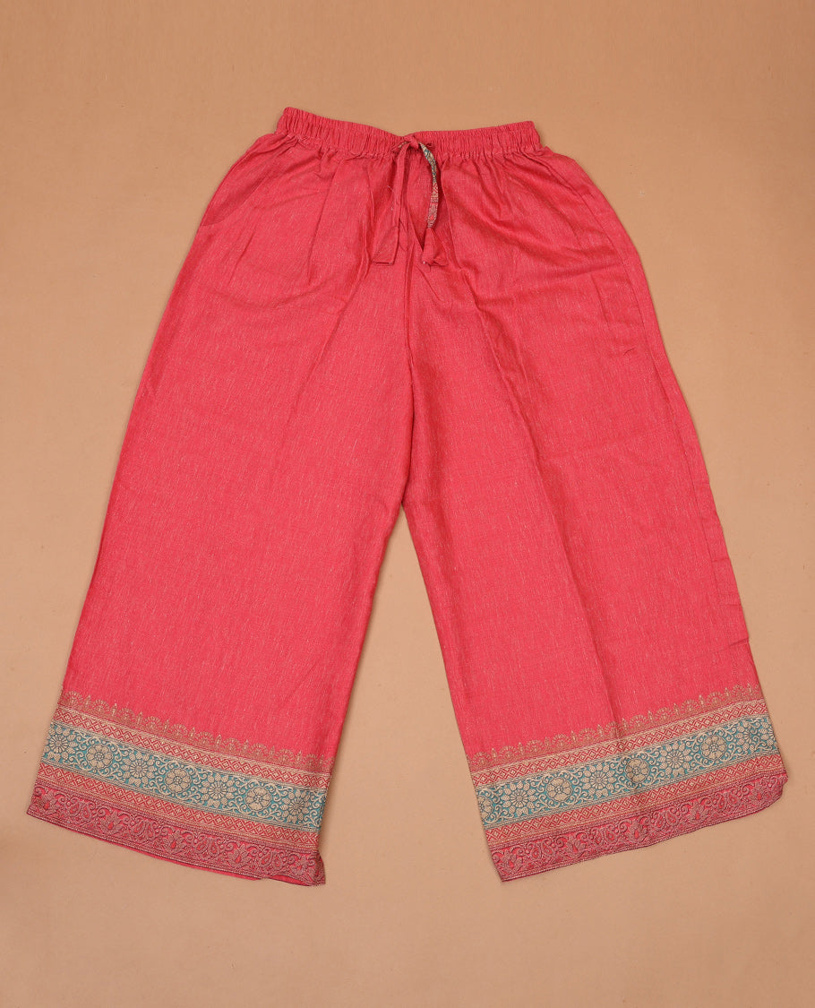 Tomato pink multi-color intricately Mughal-style printed slub cotton palazzo pants