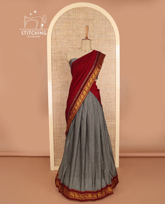 Grey with maroon mercerised cotton daman zari border half saree with zari border blouse & syska georgette 4 side piping golden zari border dhavani