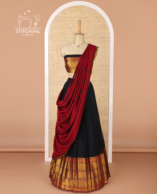 Black mercerised cotton daman zari border half saree with cotton blouse & skya georgette one side zari border dhavani