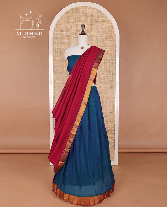 Blue mercerised cotton daman zari border half saree with cotton blouse & georgette one side zari border