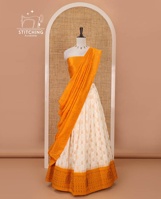 Cream semi-banaras half-saree, zari buttas & contrast Swarovski stonework traditional border skirt, jacquard blouse & contrast jaal jacquard mustard dhavani