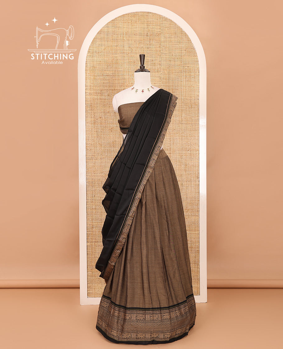 Brown with balck cotton half saree with contrast elephant design border,elephant design blouse & zari design border dhavani