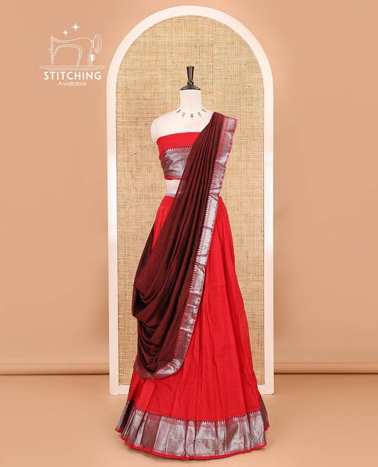 Red-Maroon Mercerised cotton half-saree, plain & contrast temple geometric border skirt, matching blouse & contrast zari border Vichitra silk dhavani