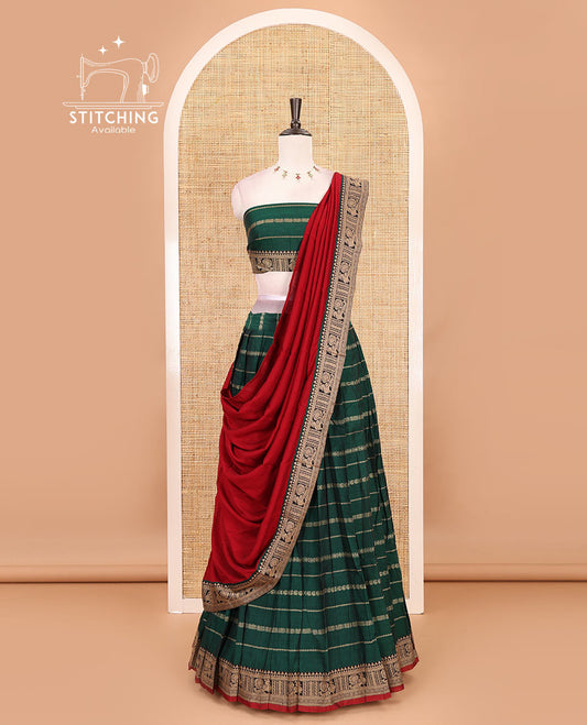 Green-red mercerised cotton half-saree, traditional design resham thread skirt, matching traditional design blouse & contrast syska georgette dhavani