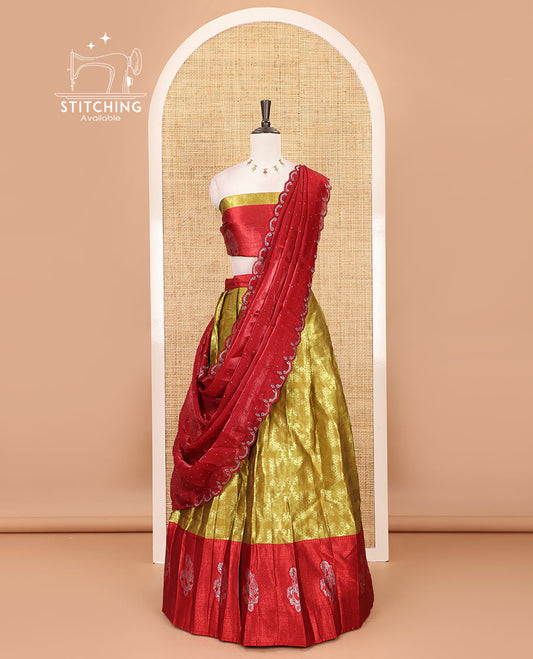 Mustard- pink half-saree, floral jaal jacquard banarasi skirt, contrast traditional zari stone work border,  matching blouse, and contrast scallop embroidered velvet organza dhavani