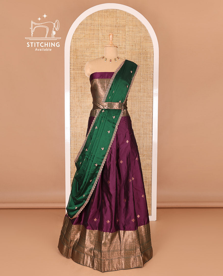 Dark violet taffeta silk half-saree, zari buttas and contrast traditional zari bordered skirt, a matching blouse, and contrast embroidered buttas dhavani