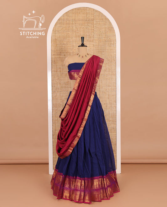 Royal blue-magenta sungudi cotton half-saree, plain with contrast traditional zari varisai pettu bordered skirt, a matching blouse, and a zari bordered dhavani