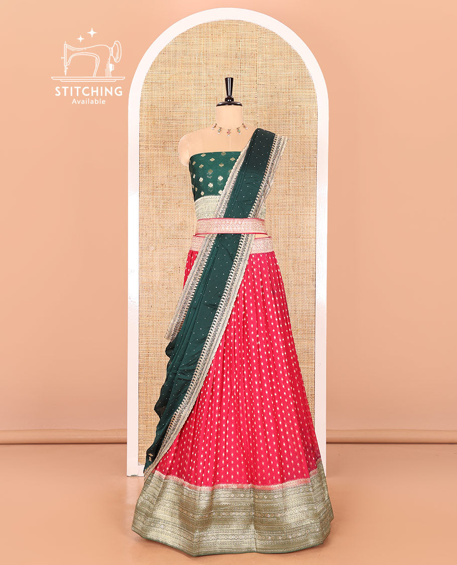 Rani pink Buttas Embroidered Half-Saree with Contrast Traditional Motifs, Embroidered Viscose Georgette Border, Contrast Blouse, Intricately Embroidered Syska Georgette Dhavani, and a Embroidered Belt