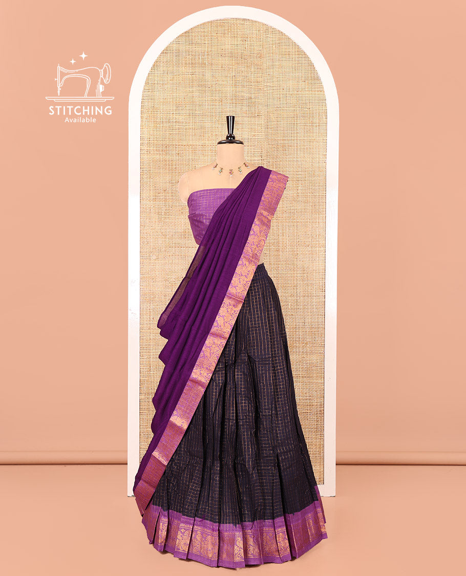 Black and Purple Sungudi Cotton Half-Saree, Adorned with Checked Design with Contrast Traditional Design Peacock Bordered Skirt, Comes with a Contrast Blouse, and Is Paired with a Contrast Dhavani
