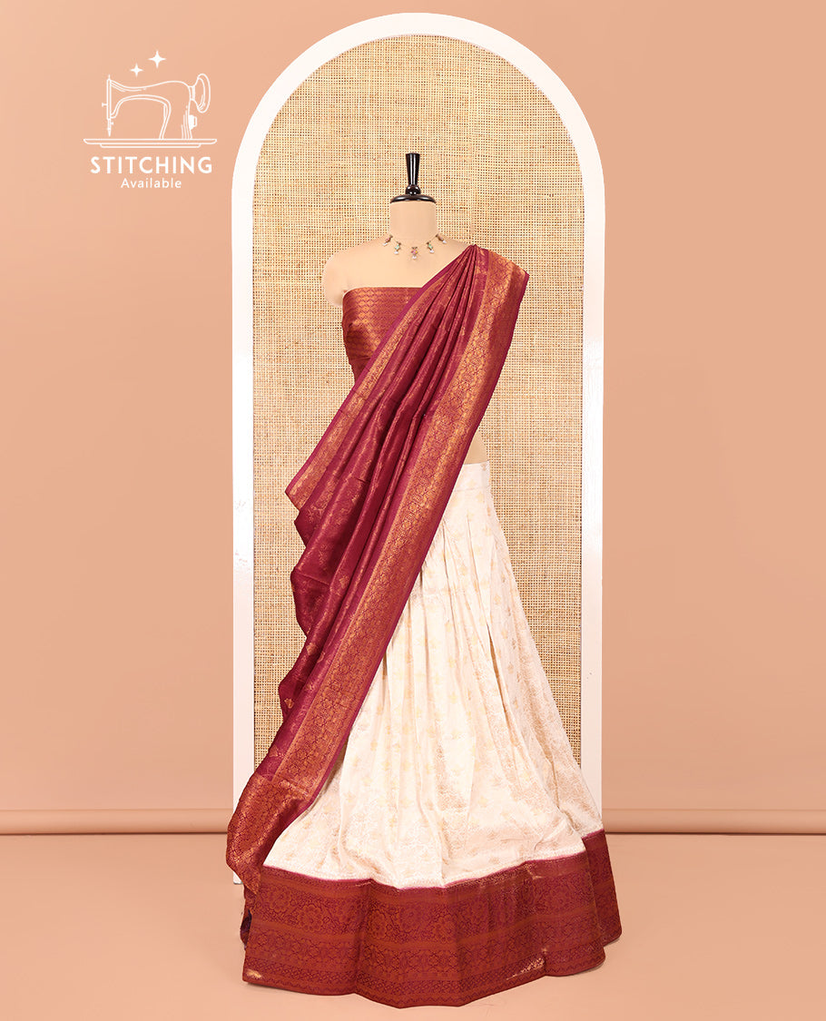 Cream-Wine Banarasi Softy Half-Saree Features Jacquard, Contrast Traditional Border, Jacquard Blouse, Intricate Dhavani