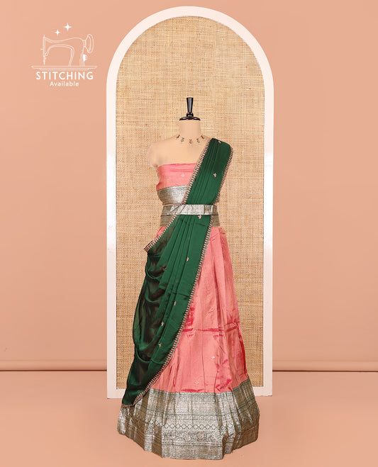 Onion Pink-Green Banarasi Silk Half-Saree Featuring Buttas Skirt, Contrast Traditional Border, Matching Blouse, Syska Georgette Embroidery Dhavani