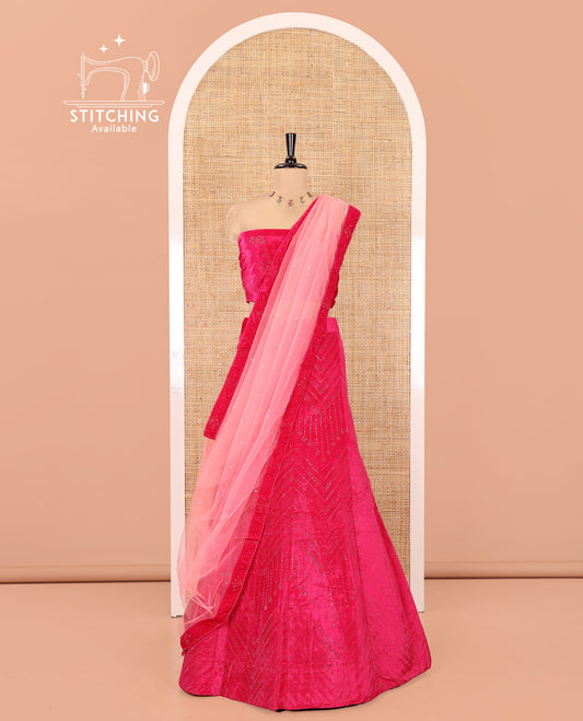 Pink Velvet Half-Saree, Adorned with Swarovski Stonework Skirt, Matching Stonework Blouse, Contrast Net Dhavani