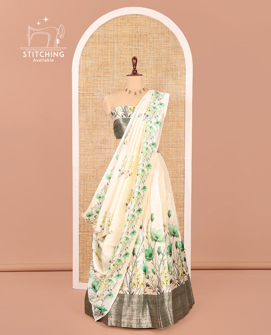 Cream-Green Semi-Silk Half-Saree Features Floral Printed Skirt, Contrast Border, Matching Blouse, Floral Printed Dhavani