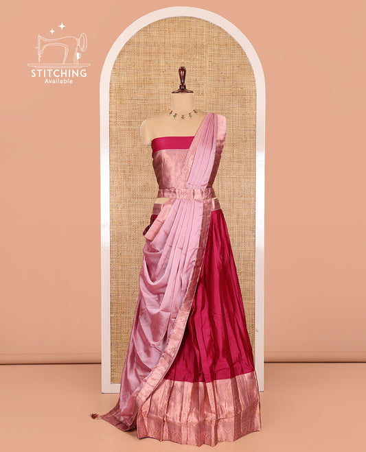 Rani Pink Semi-Banaras Half-Saree, Plain Contrast Intricate-Bordered Skirt, Matching Blouse, Contrast Dhavani