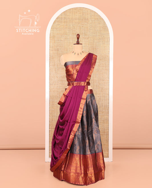 Grey-Wine Semi-Banarasi Half-Saree Features Jacquard Skirt, Contrast Traditional Border, Matching Blouse, and Syska Georgette Dhavani