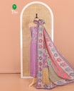 Purple Material Chudidar Set Adorned with Schiffli Embroidery Georgette Top, Subtly Made Plain American Crepe Bottom, and Chinon Dupatta Featuring Kaleidoscopic-Colored Floral, Geometric, and Mughal Motifs Print and Mirror Work