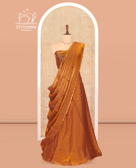 Fenugreek Fendi Organza Half-Saree, Plain Skirt, Matching Embroidered Blouse, Matching Scallop Dhavani