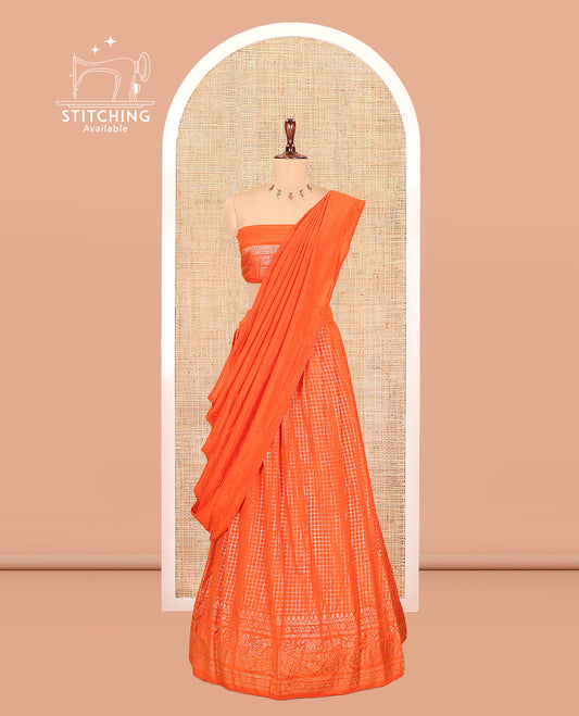 Orange Vichitra Silk Half Saree with Zari Checks, a Traditional Zari Border, Matching Blouse and a Dhavani