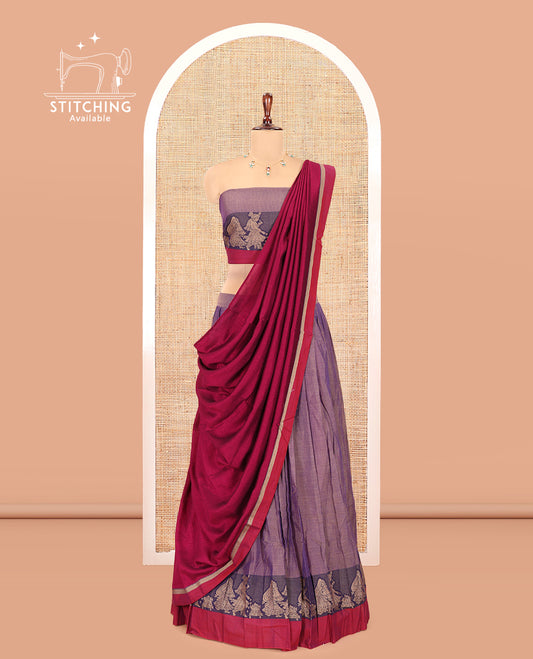 Dusky Lavender Mercerised Cotton Half-Saree Features a Plain Skirt, a Contrast Wedding-Themed Border, a Matching Blouse, a Contrast Dhavani