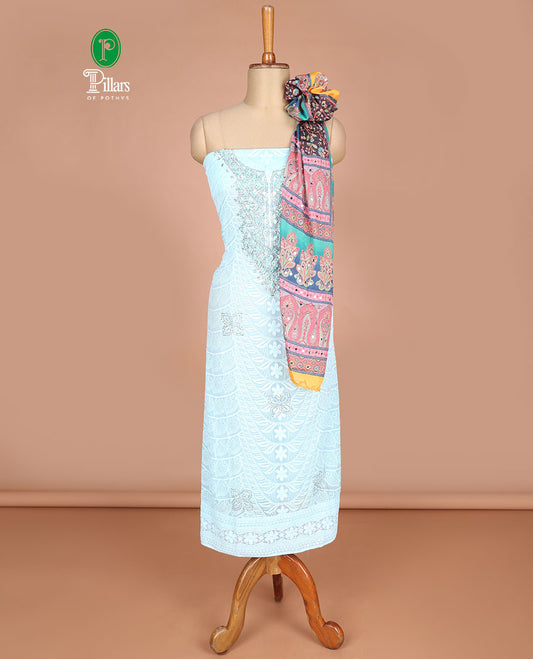 Light blue chudidhar material shifili with sequins, stone work , flower design top with crape material pants & chinnon material digital print print , mirror work dupatta