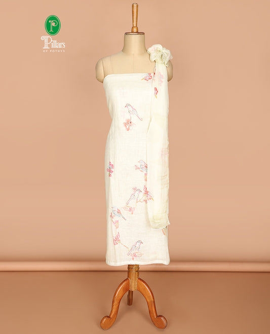 Ivory chikku color sparrow print pure linen chudidhar material top with cotton pants & pure chiffon dupatta