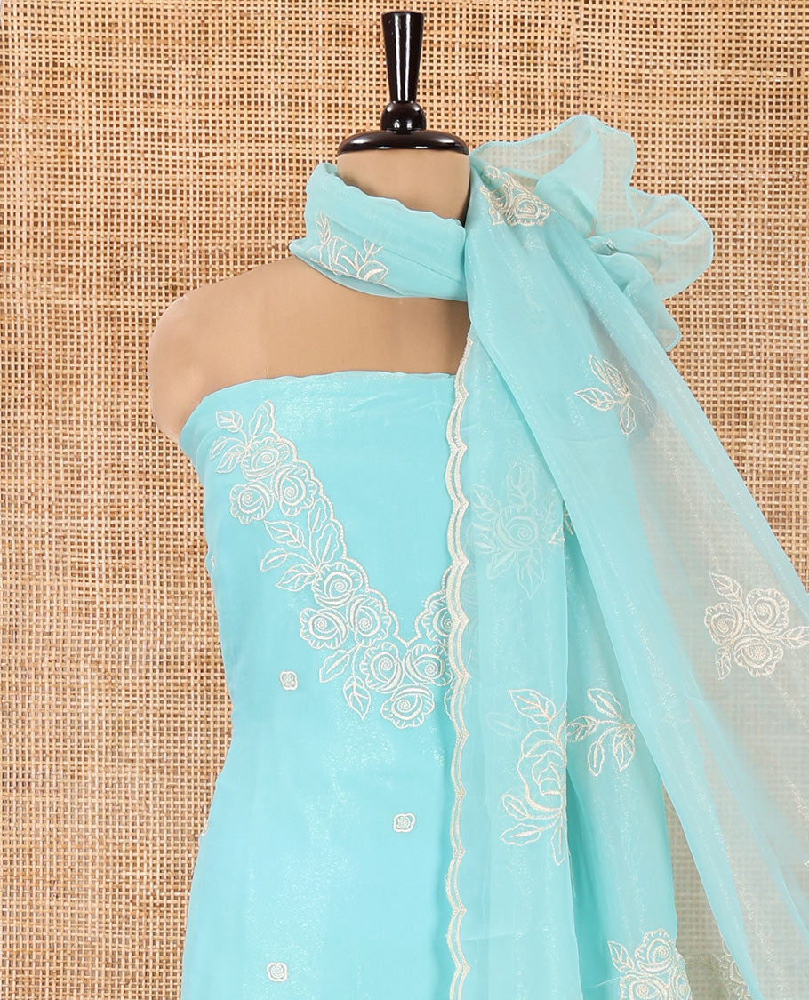 Blue Shimmer Georgette Material Chudidar Set, Meticulously Crafted with Floral Thread Embroidery on Its Top, a Plain Santoon Bottom, and Comes with a Floral Embroidered Shimmer Georgette Dupatta