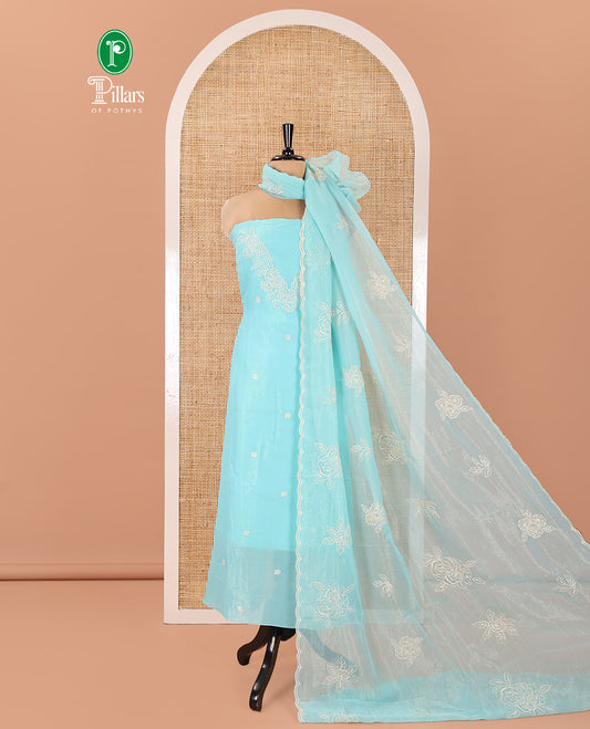 Blue Shimmer Georgette Material Chudidar Set, Meticulously Crafted with Floral Thread Embroidery on Its Top, a Plain Santoon Bottom, and Comes with a Floral Embroidered Shimmer Georgette Dupatta