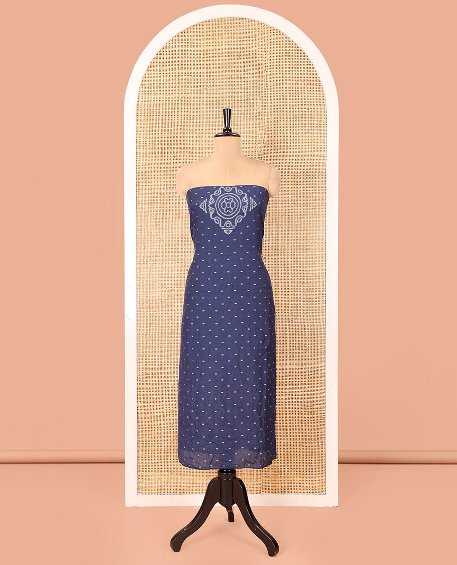 Blue Mul Chanderi Material Chudidar Set, Subtly Printed with Bandhani-Style Printed Top, a Plain Santoon Bottom, and Paired with a Matching Mul Chanderi Bandhani-Dotted and Zari-Woven Dupatta