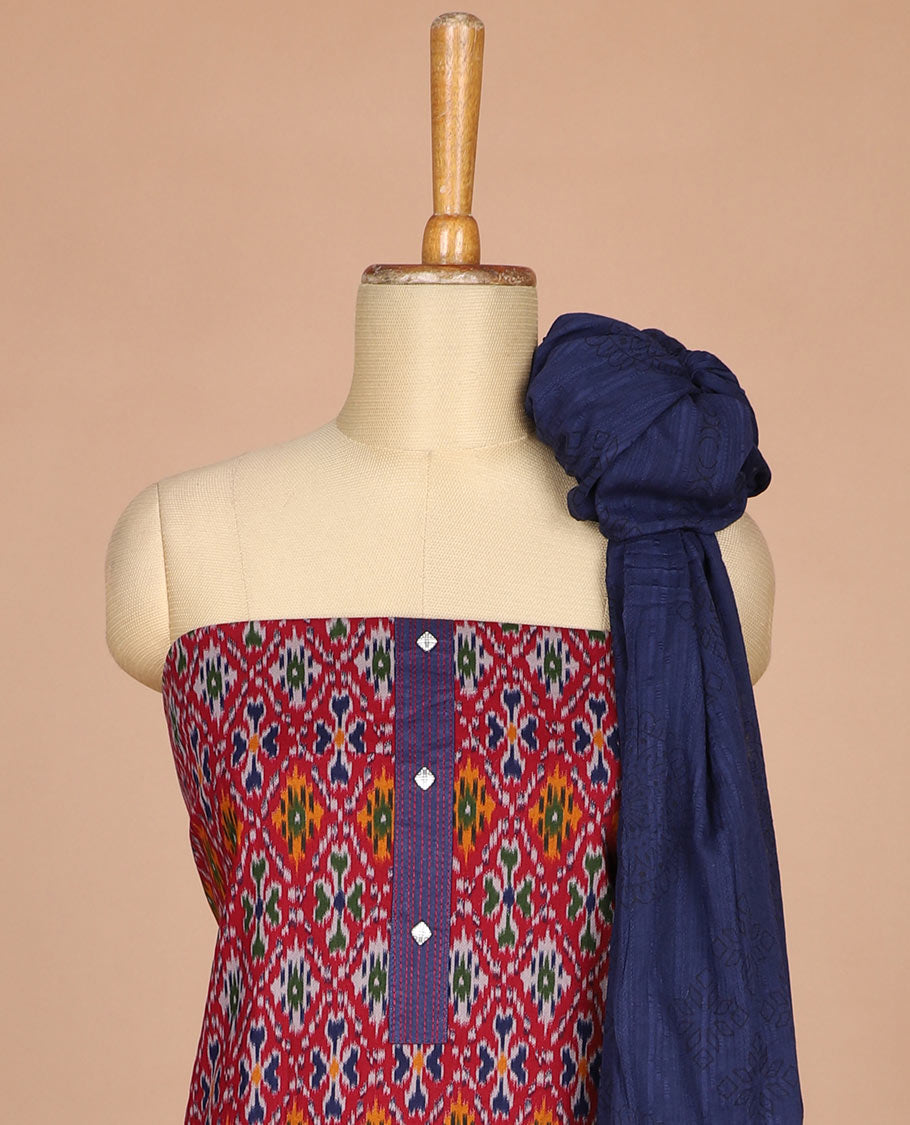 Magenta pochampally design flex cotton chudidhar material top with cotton pants & pochampally design dupatta
