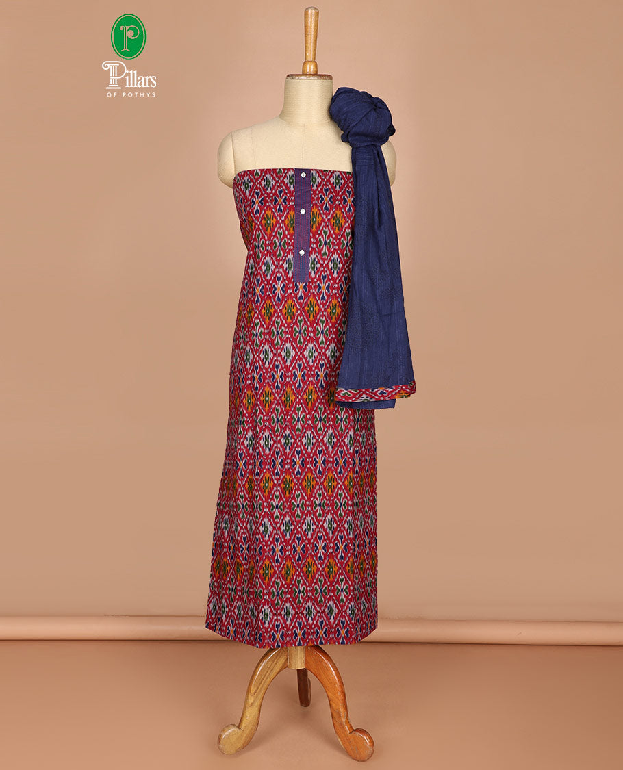 Magenta pochampally design flex cotton chudidhar material top with cotton pants & pochampally design dupatta