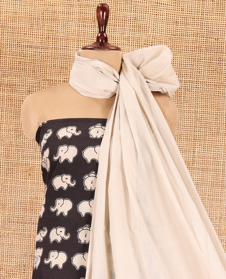 Black-Chikku Cotton Material Chudidar, Adorned with Elephant Print Top, Contrast Plain Bottom, and Contrast Bottom