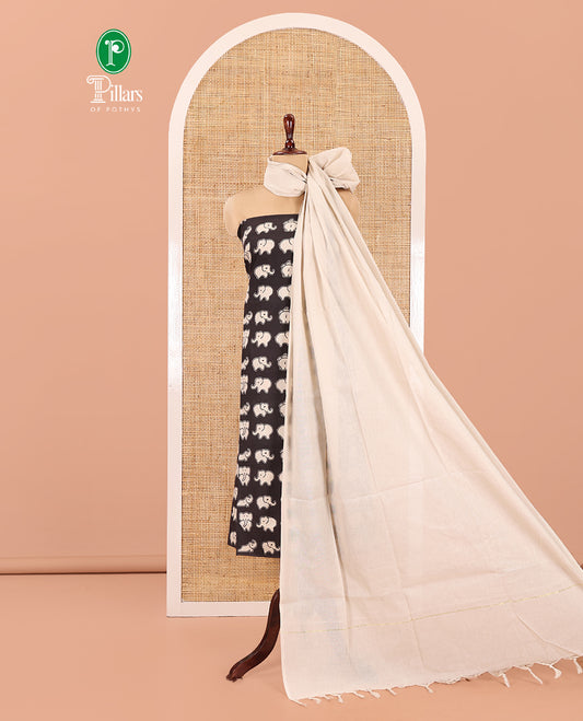 Black-Chikku Cotton Material Chudidar, Adorned with Elephant Print Top, Contrast Plain Bottom, and Contrast Bottom