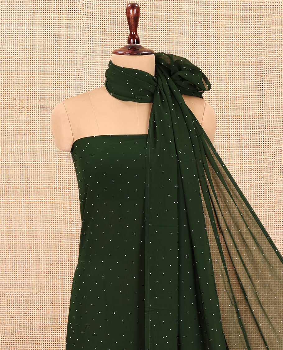 Green Material Chudidar Set, Adorned with Swarovski Stonework and Floral Fox Georgette Top, a Plain Bottom, and Stonework Dupatta