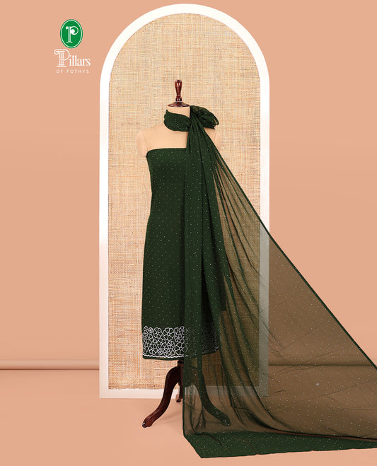 Green Material Chudidar Set, Adorned with Swarovski Stonework and Floral Fox Georgette Top, a Plain Bottom, and Stonework Dupatta
