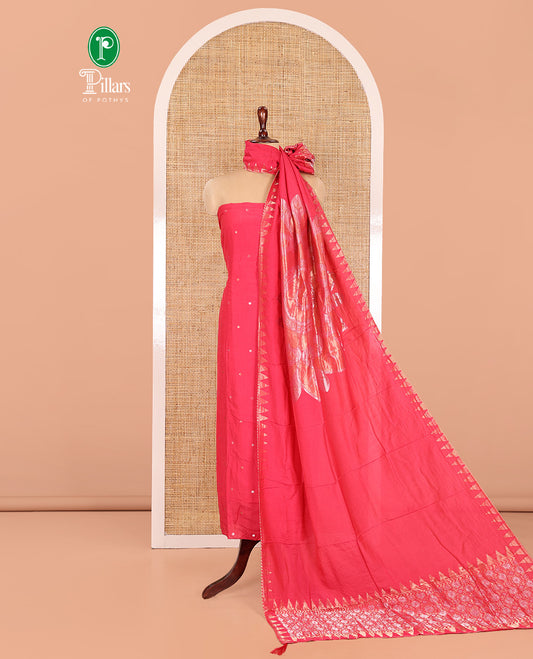 Pink Semi-Silk Material Churidar Features Zari Buttas Top, a Plain Bottom, and a Floral Motif Zari Woven Dupatta