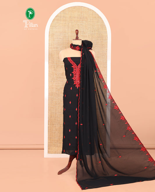 Black-Red Georgette Material Churidar Features Thread Embroidery Top, a Plain Santoon Bottom, a Scallop Embroidered Dupatta