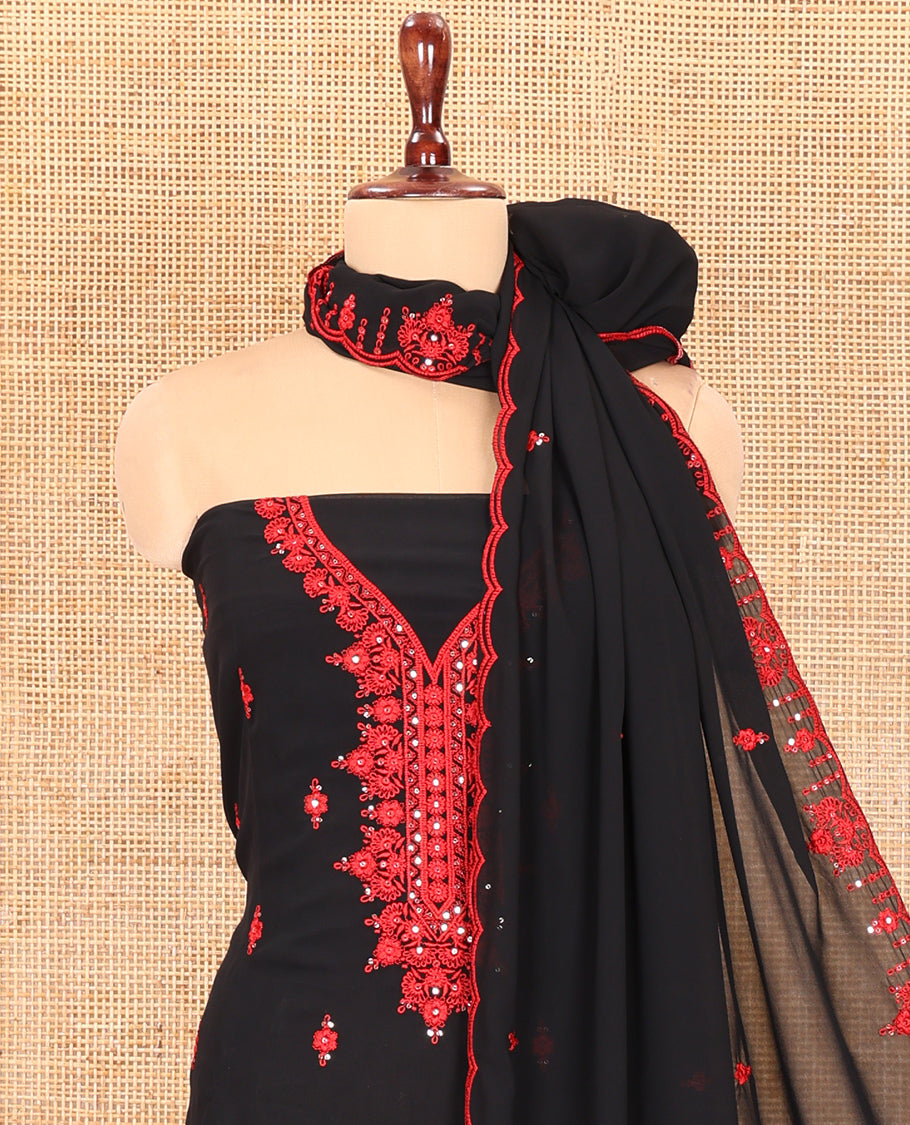 Black-Red Georgette Material Churidar Features Thread Embroidery Top, a Plain Santoon Bottom, a Scallop Embroidered Dupatta